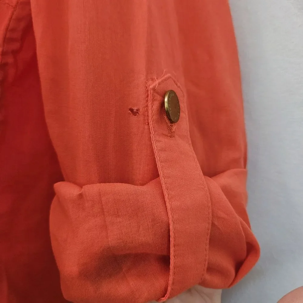 Tory Burch Top Womens 4 Gold Buttons Up Tangerine Red Orange Cotton Preppy Shirt